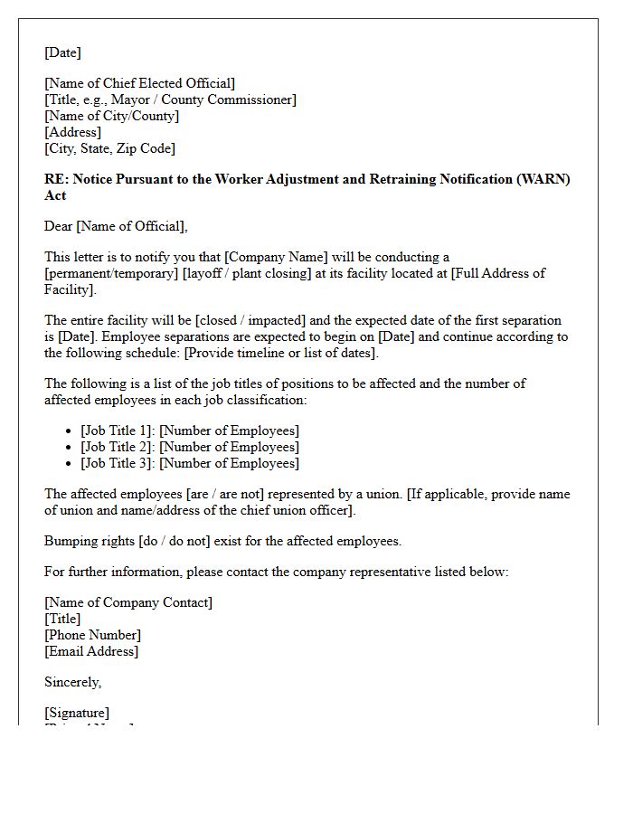 Local Chief Elected Official WARN Act Notice Letter