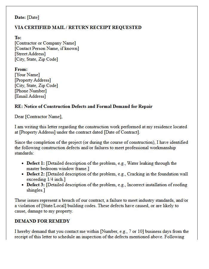 Residential Homeowner Construction Defect Repair Demand Letter