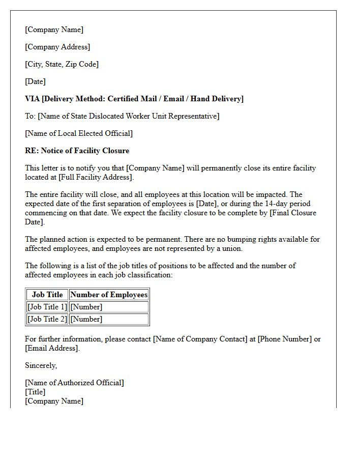 Complete Facility Closure WARN Act Notice Letter