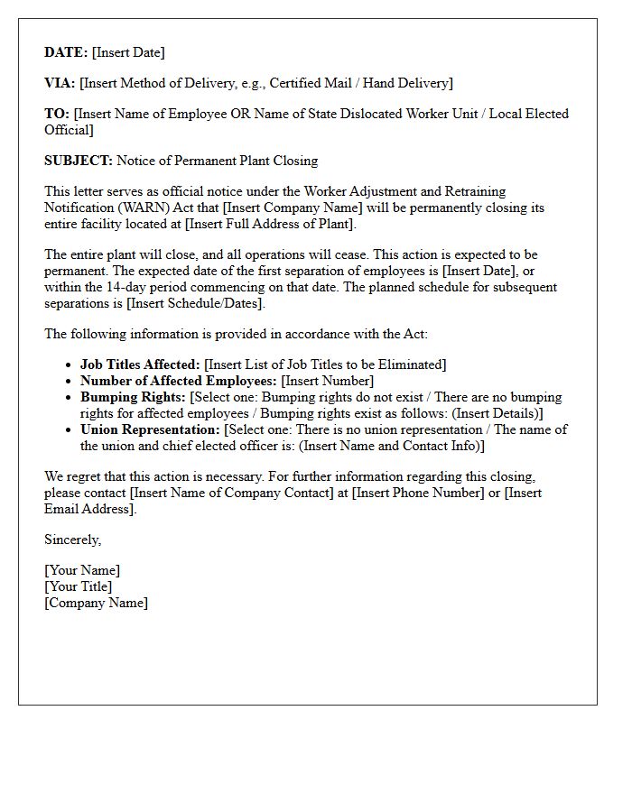 Permanent Plant Closing WARN Act Notice Letter