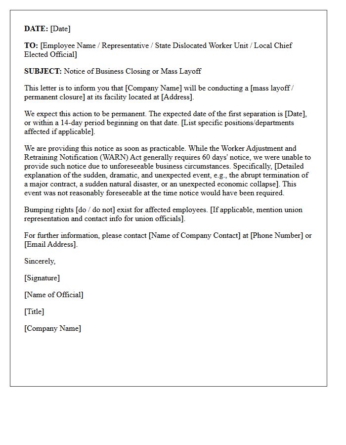 Unforeseeable Business Circumstances Exception WARN Act Notice Letter