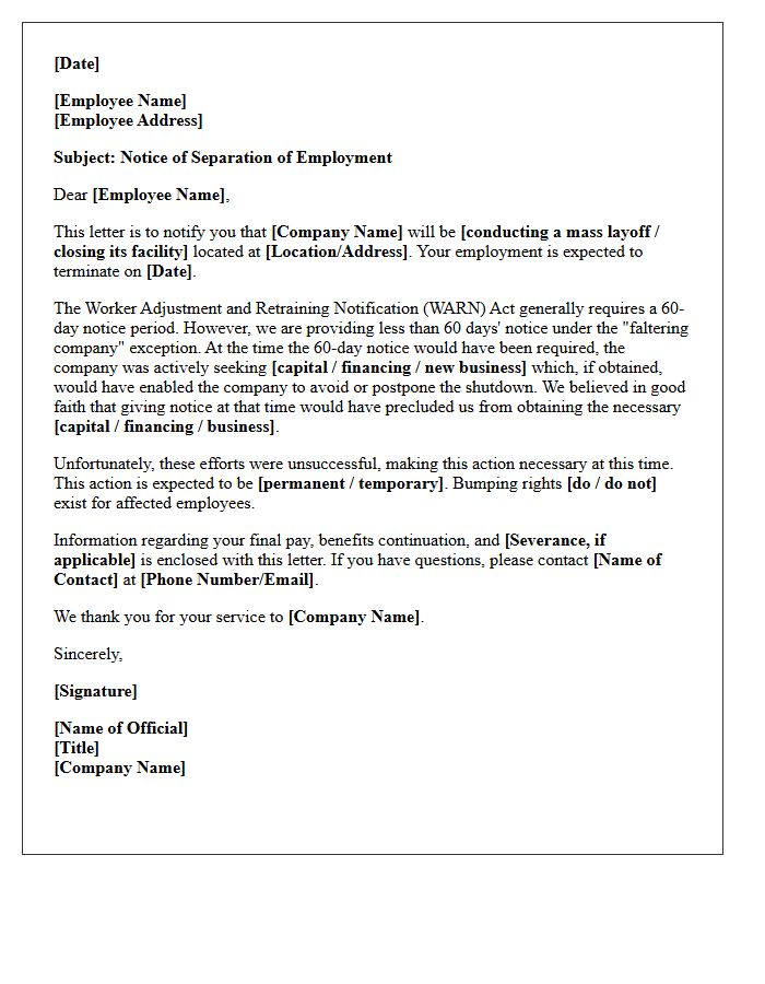 Faltering Company Exception WARN Act Notice Letter