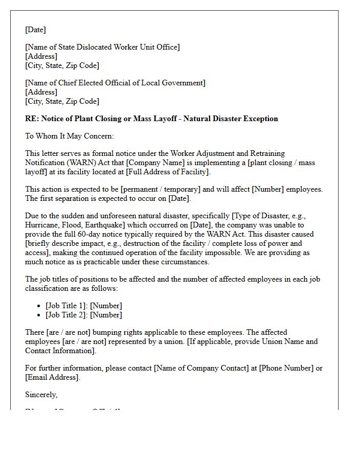 Natural Disaster Exception WARN Act Notice Letter