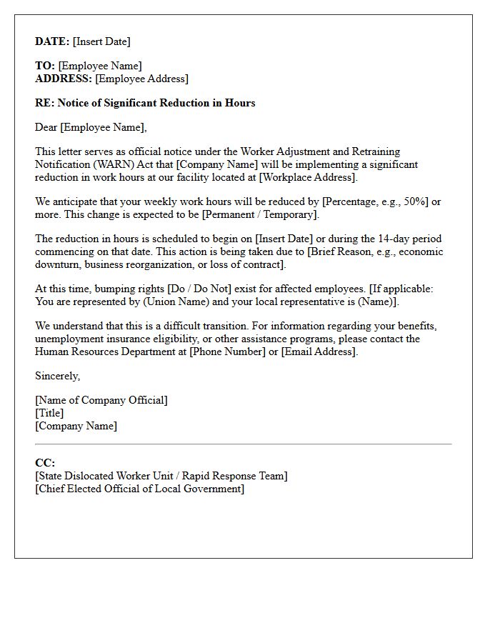 Significant Reduction In Hours WARN Act Notice Letter
