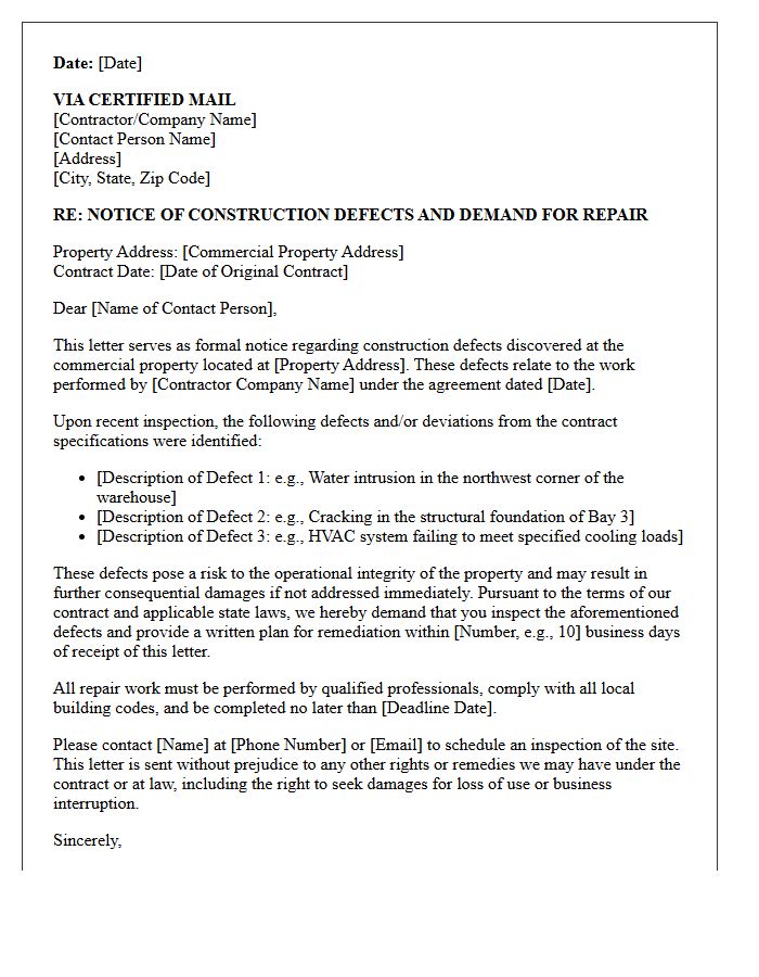 Commercial Property Construction Defect Repair Demand Letter