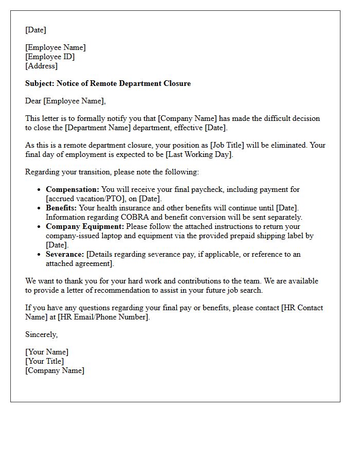 Notice of Remote Department Closure Letter