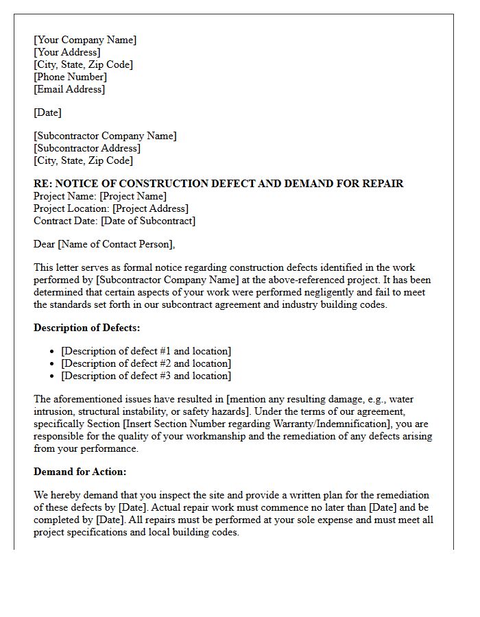 Subcontractor Negligence Construction Defect Repair Demand Letter
