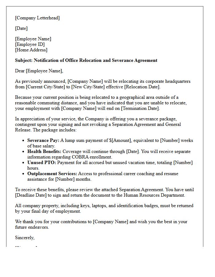 Corporate Office Relocation Severance Letter