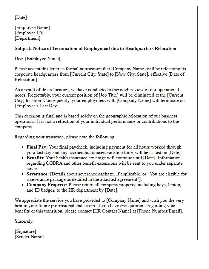 Employee Layoff Due to Headquarters Relocation Letter