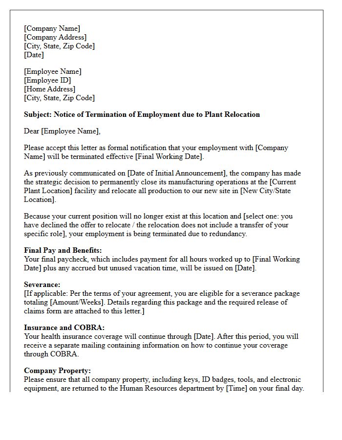 Manufacturing Plant Relocation Termination Letter