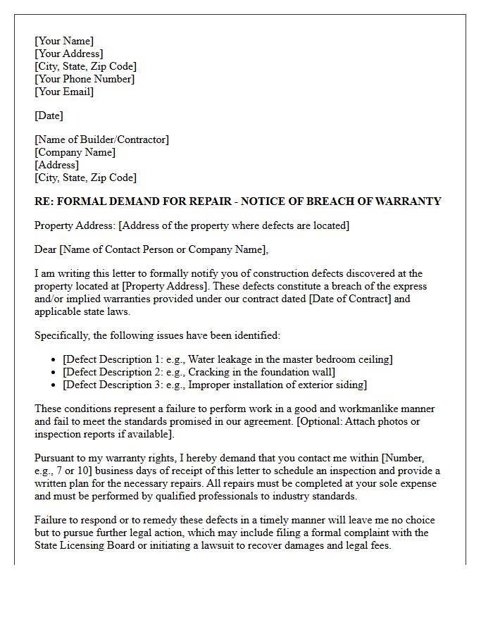 Breach Of Warranty Construction Defect Repair Demand Letter