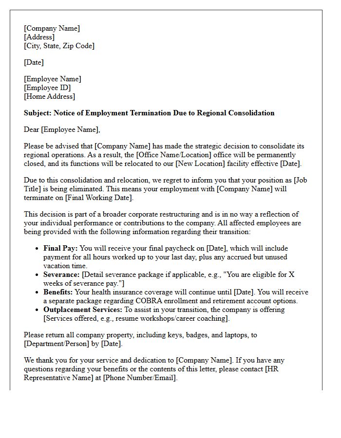 Regional Office Consolidation and Relocation Layoff Letter