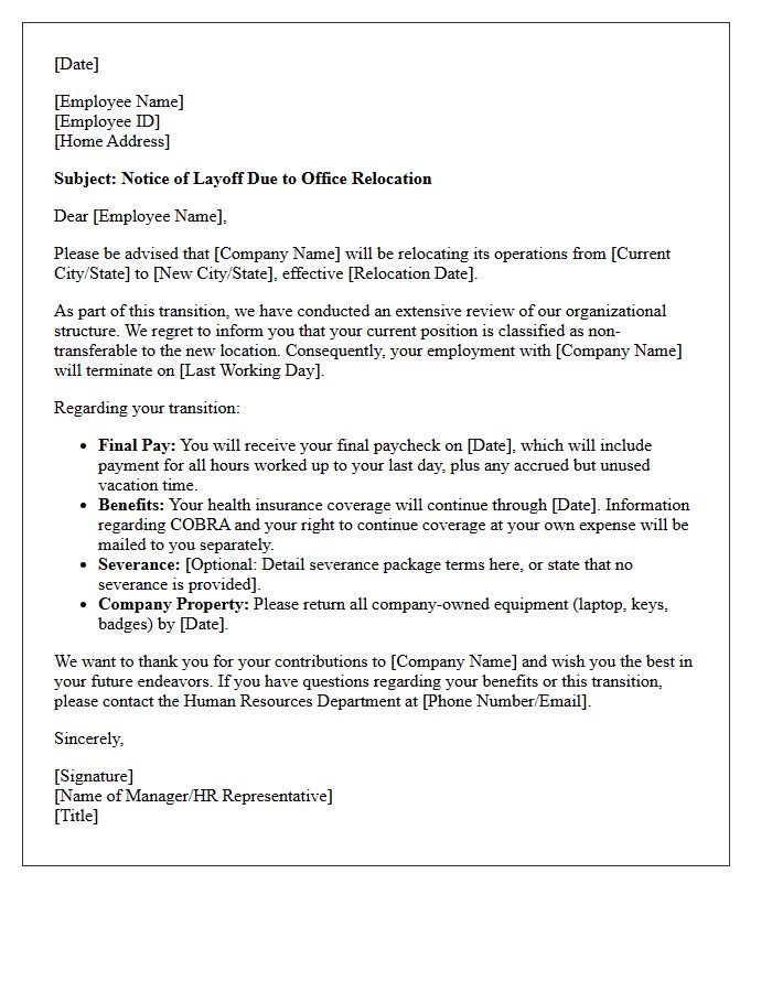Non-Transferable Employee Relocation Layoff Letter