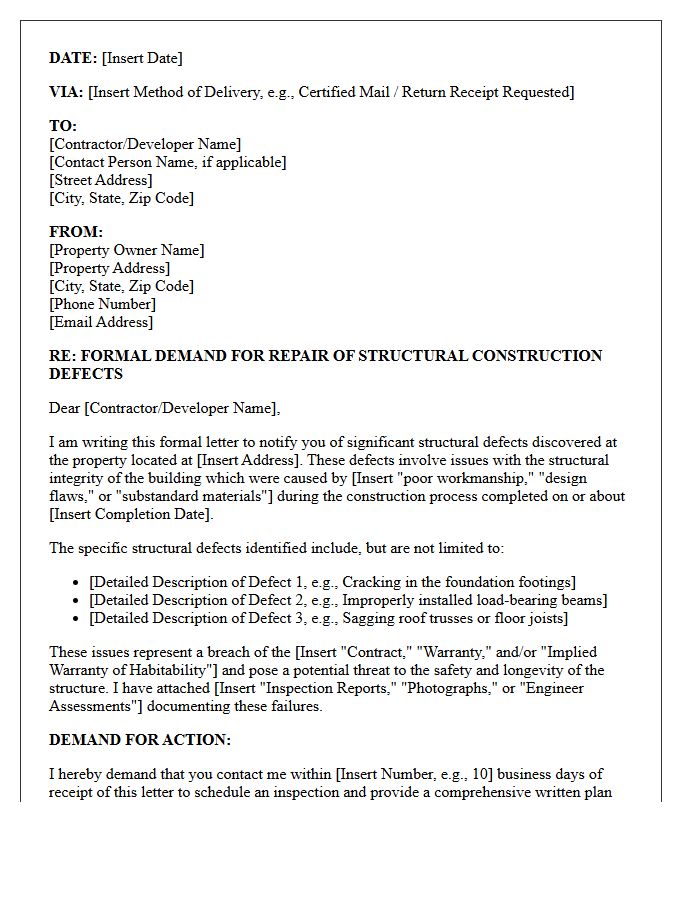 Structural Integrity Construction Defect Repair Demand Letter