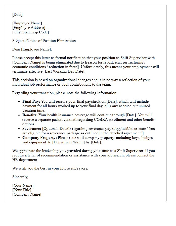 Shift Supervisor Elimination Layoff Letter