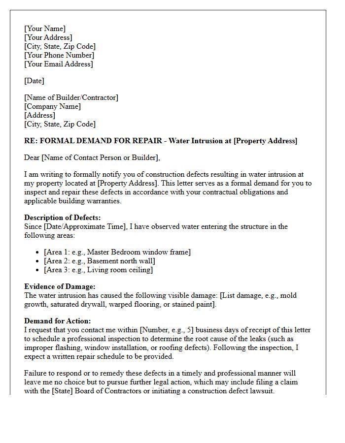 Water Intrusion Construction Defect Repair Demand Letter