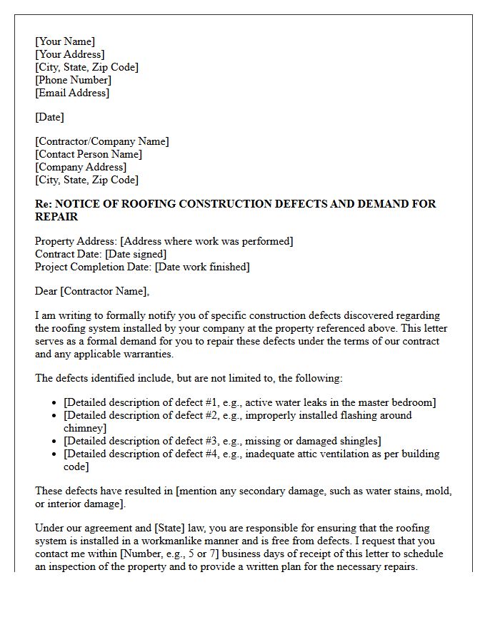 Roofing System Construction Defect Repair Demand Letter