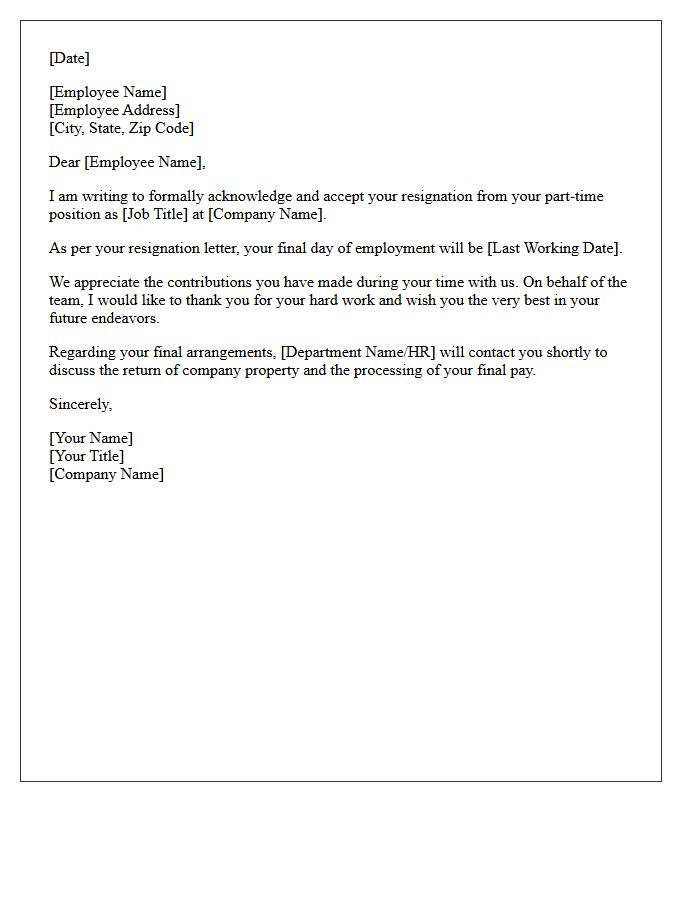 Part Time Employee Resignation Acceptance Letter