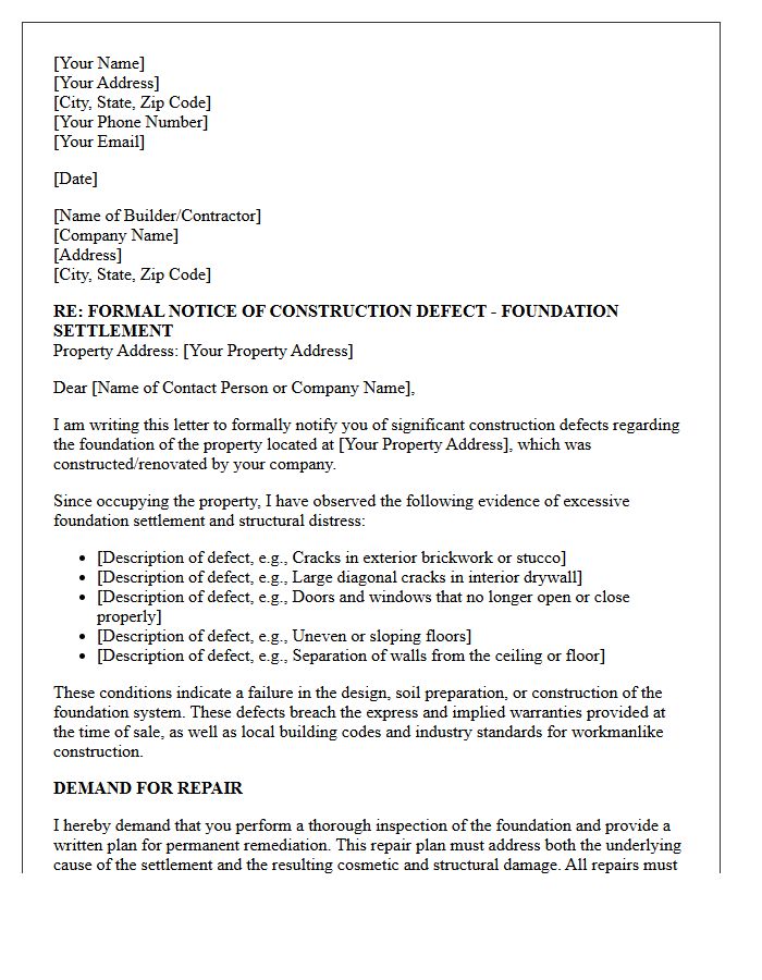 Foundation Settlement Construction Defect Repair Demand Letter