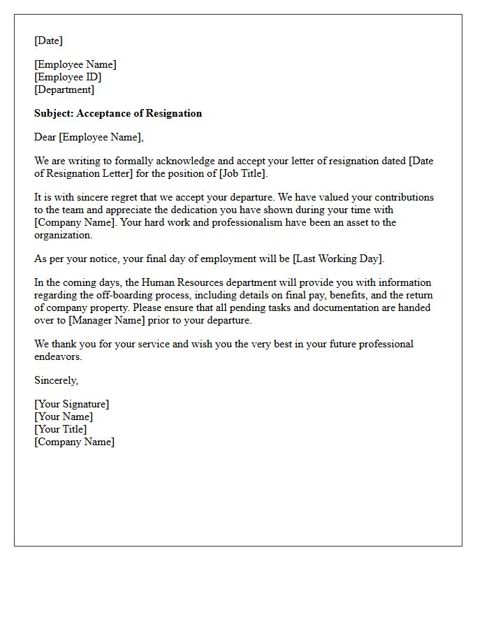 Human Resources Letter for Formal Acceptance of Employee Resignation with Regret