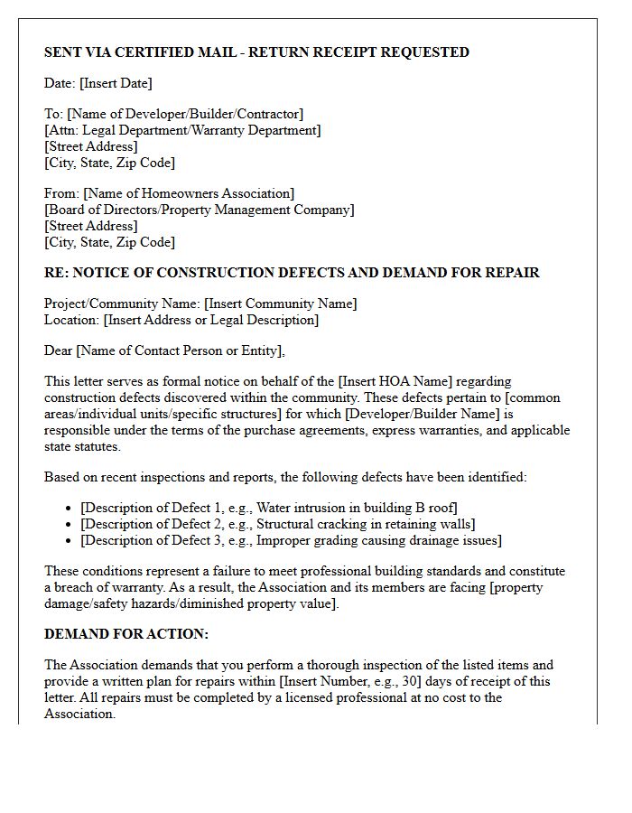 Homeowner Association Construction Defect Repair Demand Letter