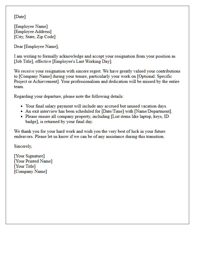 Letter Confirming Formal Acceptance of Resignation with Regret