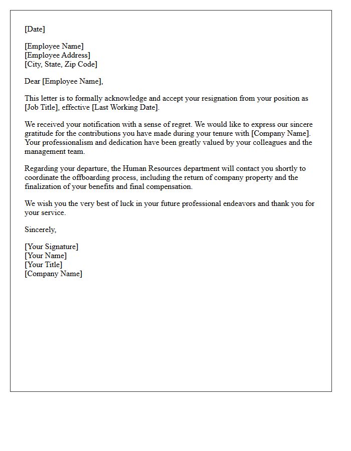 Formal Human Resources Letter Accepting Resignation with Regret