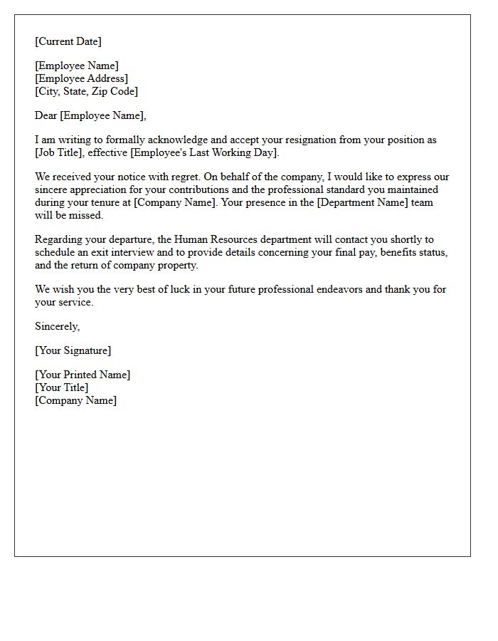 Standard Human Resources Letter for Regretful Acceptance of Resignation