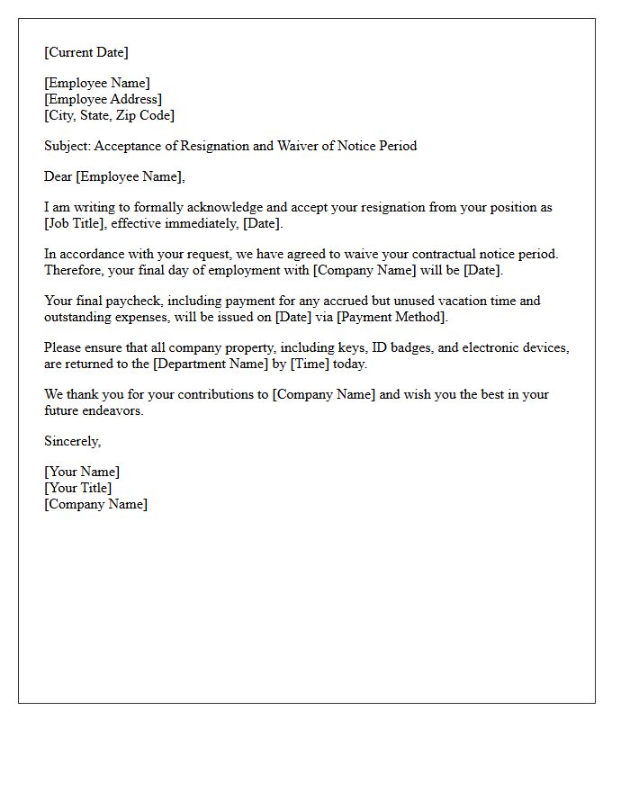 Waiver of Notice Period Immediate Resignation Acceptance Letter