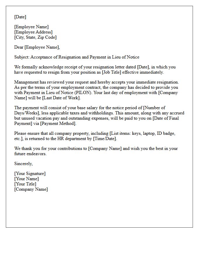 Payment in Lieu of Notice Immediate Resignation Acceptance Letter