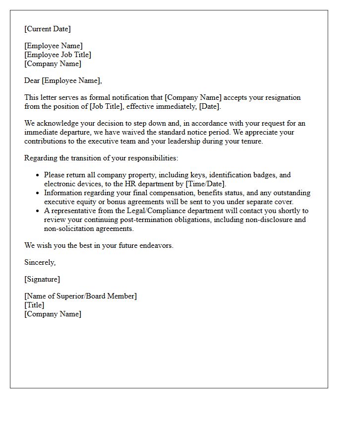 Executive Level Immediate Effect Resignation Acceptance Letter