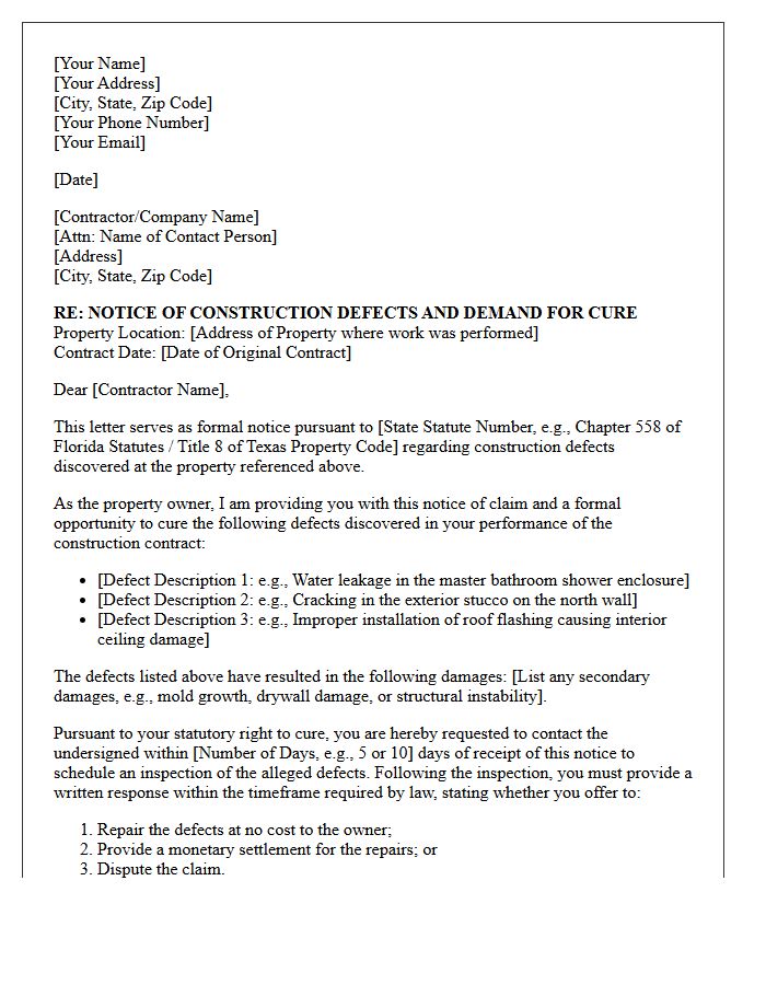 Statutory Right To Cure Construction Defect Repair Demand Letter