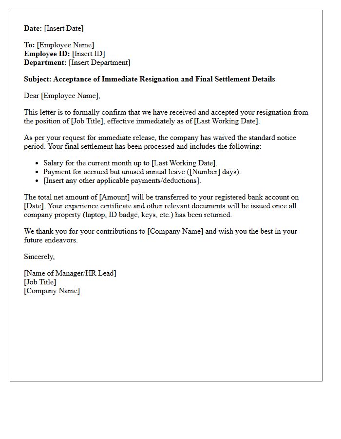 Final Settlement and Immediate Resignation Acceptance Letter