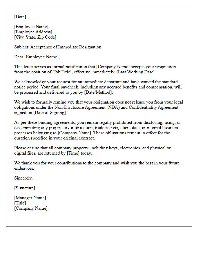 Non-Disclosure Bound Immediate Resignation Acceptance Letter