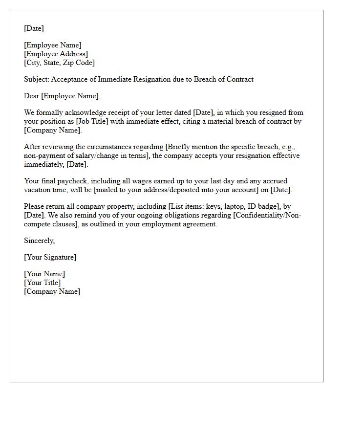 Breach of Contract Immediate Resignation Acceptance Letter