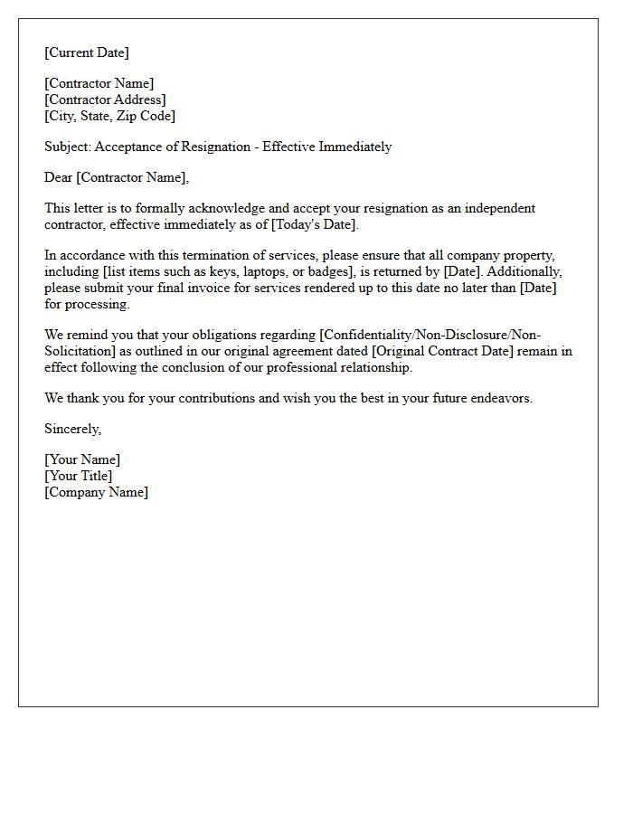 Independent Contractor Immediate Effect Resignation Acceptance Letter