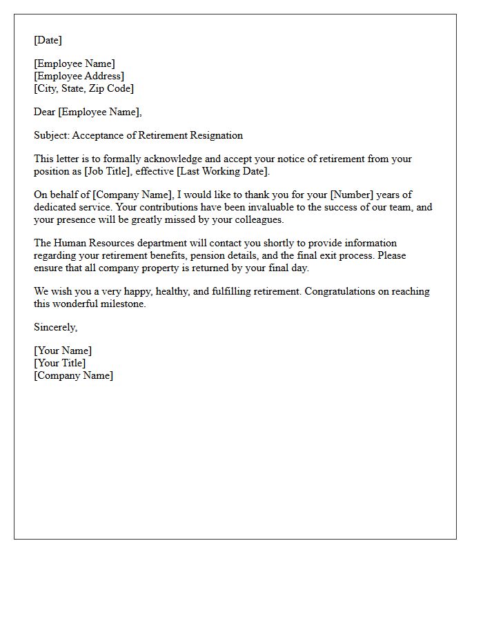 Standard Employee Retirement Resignation Acceptance Letter