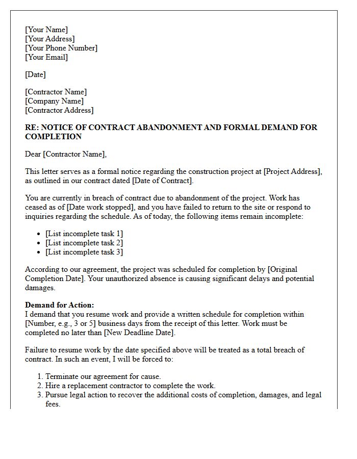 Demand Letter for Contractor Abandonment of Project Performance