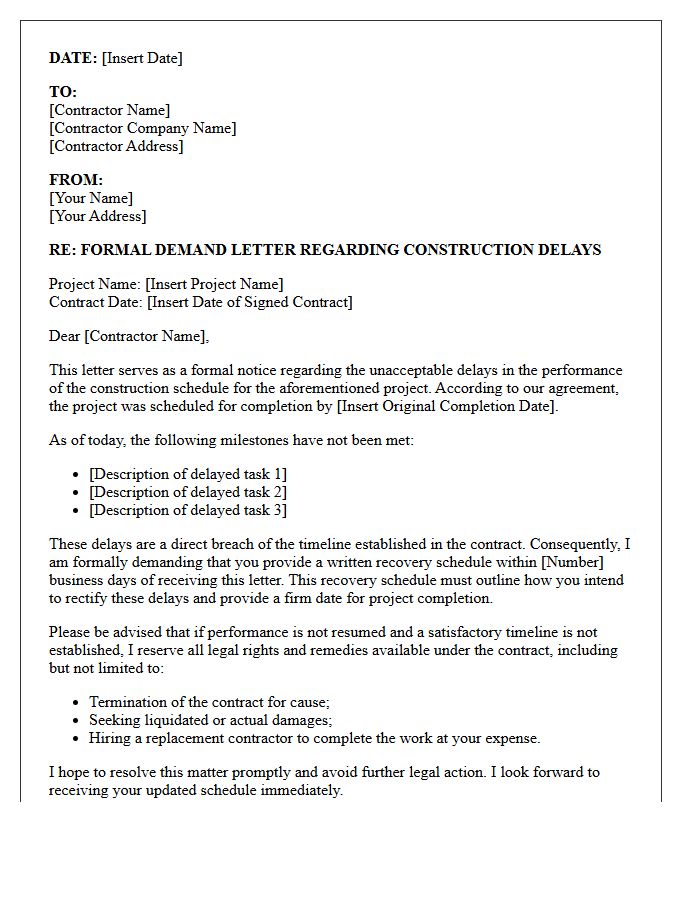 Demand Letter for Contractor Delay of Construction Schedule Performance