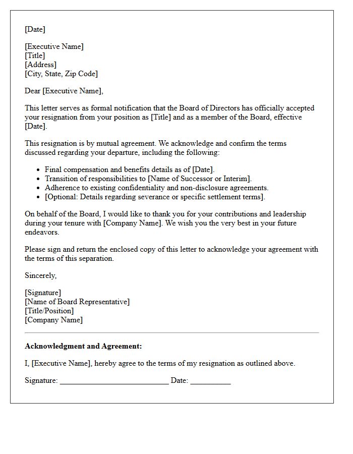 Mutual Agreement Executive Board Member Resignation Acceptance Letter