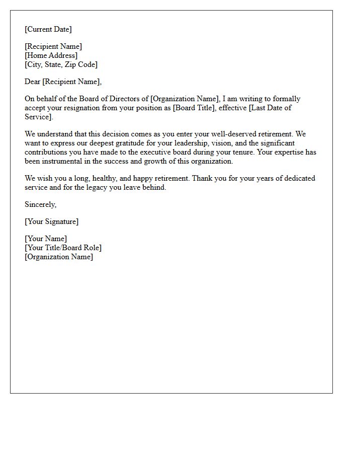 Retirement Based Executive Board Member Resignation Acceptance Letter
