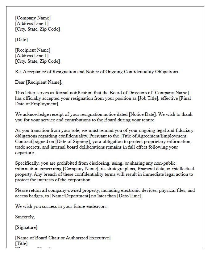 Confidentiality Enforced Executive Board Member Resignation Acceptance Letter