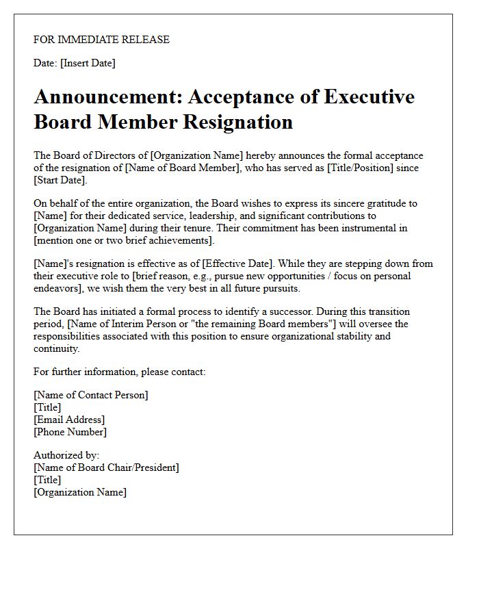 Public Announcement Executive Board Member Resignation Acceptance Letter