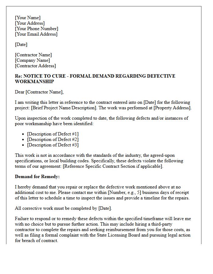 Demand Letter for Contractor Defective Workmanship Performance