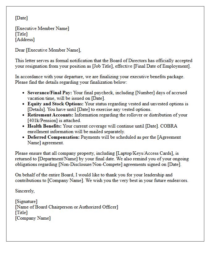 Benefits Finalization Executive Board Member Resignation Acceptance Letter