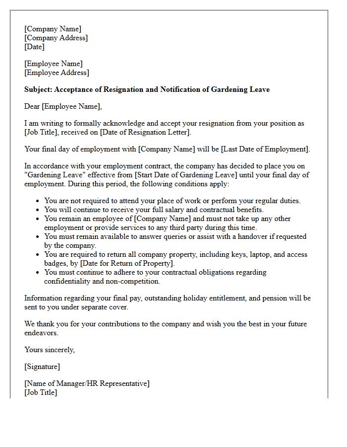 Resignation Acceptance and Gardening Leave Notification Letter