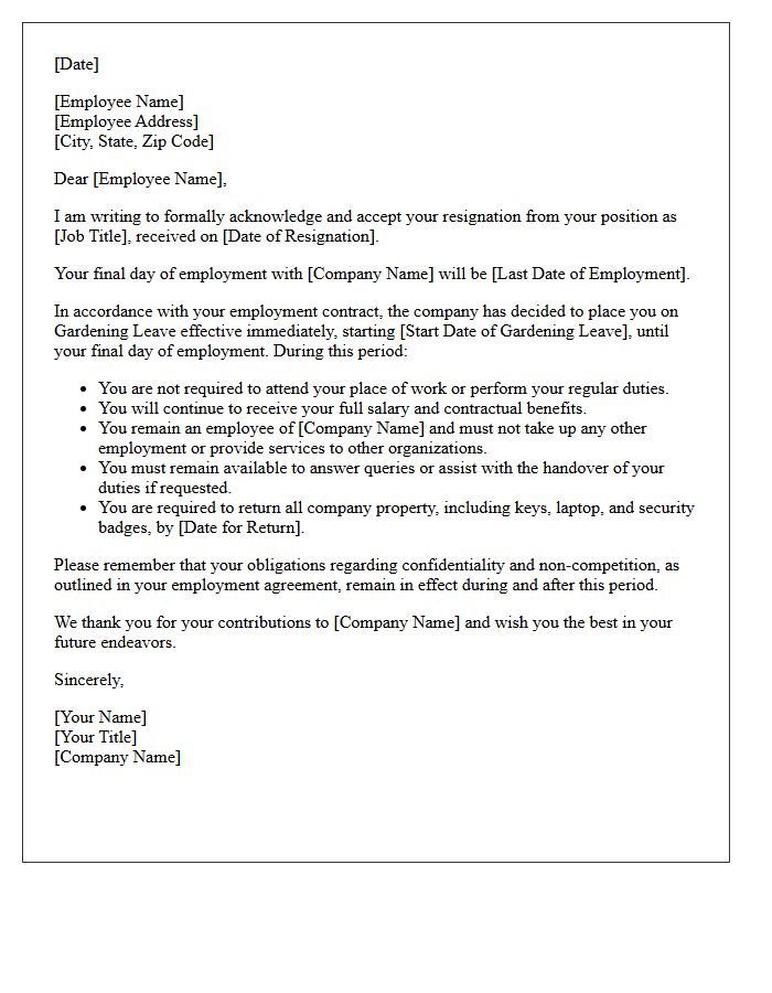 Human Resources Letter of Resignation Acceptance with Gardening Leave