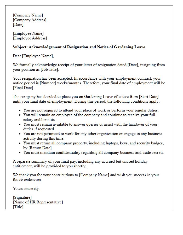 Official HR Letter Acknowledging Resignation and Gardening Leave