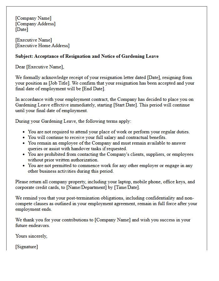 Executive Resignation Acceptance and Gardening Leave Letter