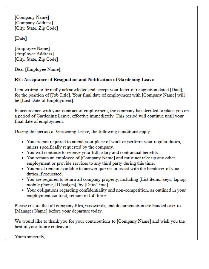 Formal Letter of Resignation Acceptance and Gardening Leave Placement